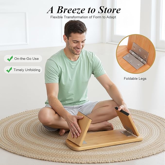 Bamboo Meditation Bench,Portable Bamboo Meditation Stool with Meditation Cushion, Foldable & 5°Ergonomic Tilt Kneeling Meditation Yoga Stool-396.83lbs Max. Load Capacity (Green)