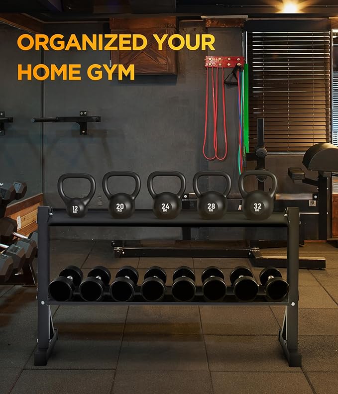 48" Kettlebell Storage Rack, 2-Tier Dumbbell and Kettlebell Rack for Home Gym, 1000LBS Weights Storage for Free Weights, Dumbbells, Kettlebells and Medicine Ball