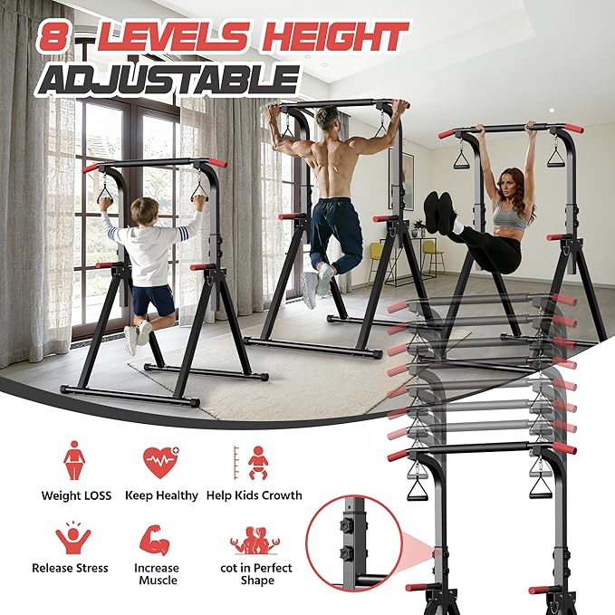Power Tower Pull Up Bar Free standing with Resistance Bands, 350LBS Heavy Duty Alloy Steel Dip Station for Home Gym Strength Training, Adjustable Height Workout Equipment