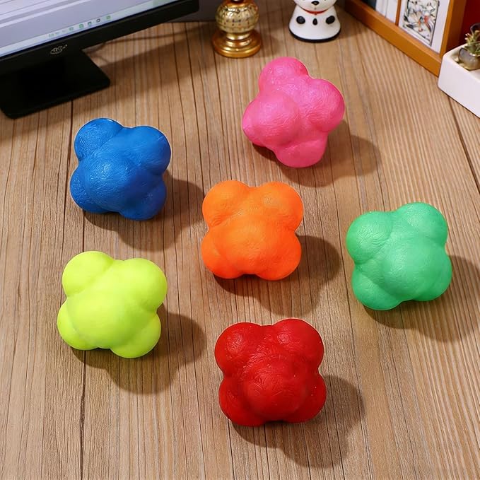 6 Pcs Hexagonal Silicone Reaction Balls for Agility Training, Hand Eye Coordination and Reflexes, Fitness Exercise for Home and Outdoor Sports