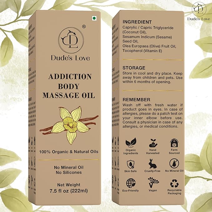 Addiction Body Massage Oil | Vanilla Scent | 100% Natural & Organic Oils | No Mineral Oil, No Silicones | Deep Nourishing Body Oil | 7.5 fl oz (222ml)