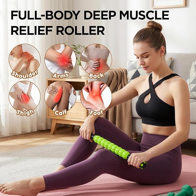Muscle Roller & Massage Roller Stick for Athletes - Lymphatic Drainage Support, Relieves Muscle Soreness, Cramping & Tightness - Targets Legs, Arms, Back & Calves （Green - 18inch）