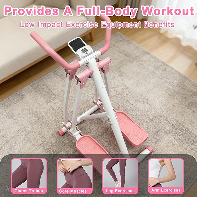 Air Walker Elliptical Exercise Machine for Home Office, Training Machines w/LCD Monitor/Device Holder, Foldable Cardio Exercise Machine for Beginners Seniors, Full Body Fitness Equipment 300LBS, Pink