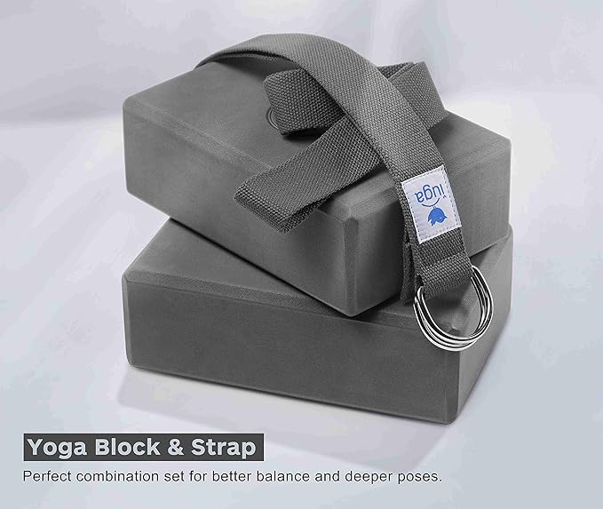 IUGA Yoga Blocks 2 Pack With Strap Non Slip High Density 9"x6"x3" Solid & Cork Yoga Block With Yoga Strap to Improve Strength Balance for Yoga Pilates Meditation