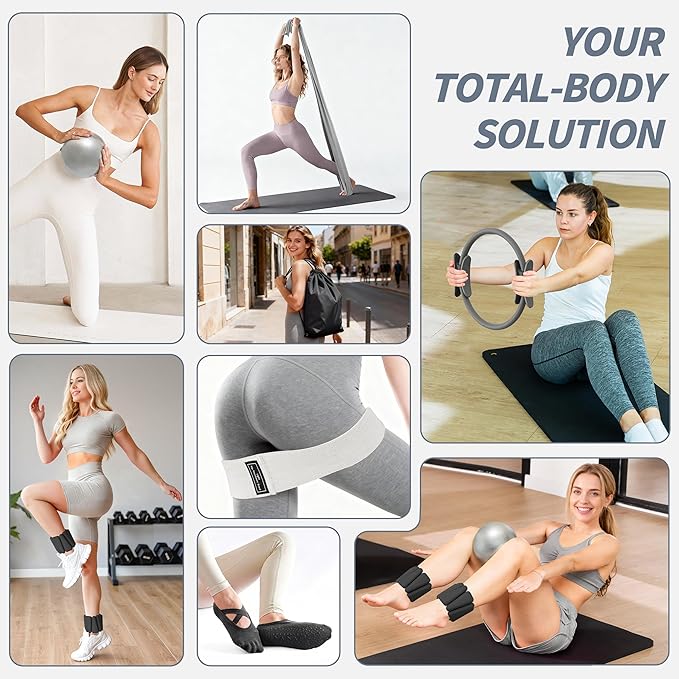 Pilates Kit, Home Pilates Workout Kit for Women, Pilates Equipment with 14.5" Pilates Ring and Ball, Resistance Bands, Ankle Weights, Sliders & Grip Socks Accessories for Starter Home Workouts
