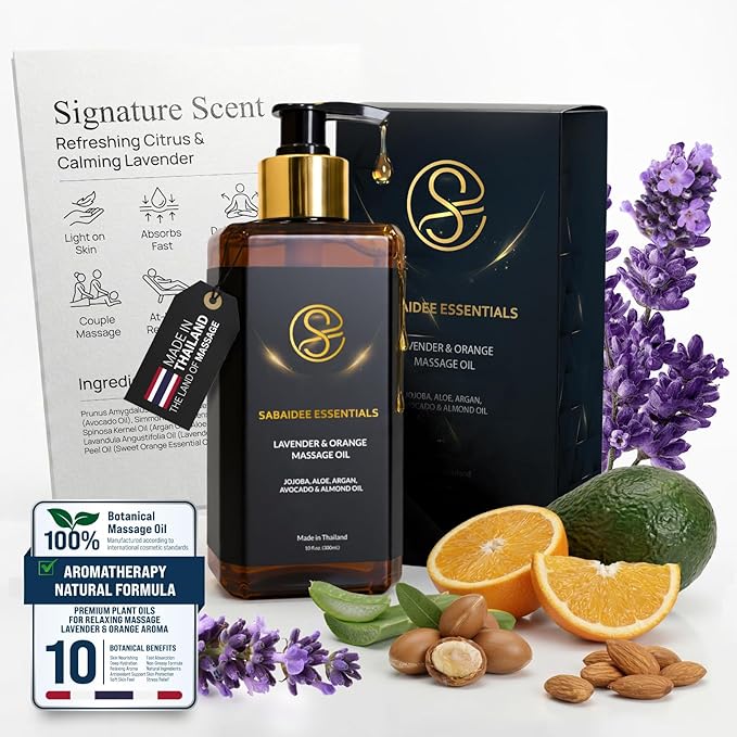 Aromatherapy Massage Oil - Lavender Oil & Orange 10 Fl Oz - Thai Body Oil for Massage Therapy with Jojoba, Avocado, Argan, Aloe, Almond - Relaxing Body Care & Self-Care