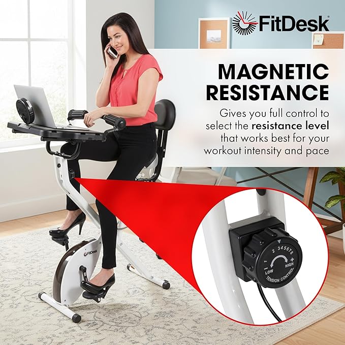 FitDesk Standing Exercise Bike Desk 3.0, Adjustable Height Indoor Cycling Trainer with Laptop Tray, Portable Stationary Fitness Desk for Home Office, Foldable Exercise Workstation, Supports 300 lbs