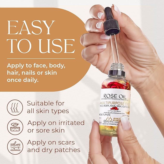USA Made Multipurpose Rose Oil, Moisturizing Hair & Body Oil, Vitamin E Oil with Apricot, Sweet Almond, and Bergamot Essential Oils for Skin, Body & Face Oil for