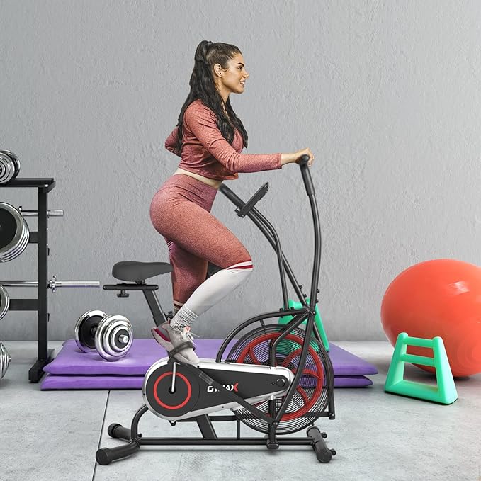 GYMAX Fan Bike, Air Resistance Upright Bike with LCD Monitor, Phone Holder & Built-in Wheels, Fully Adjustable Stationary Exercise Bike for Home Gym Cardio Training Workout Fitness