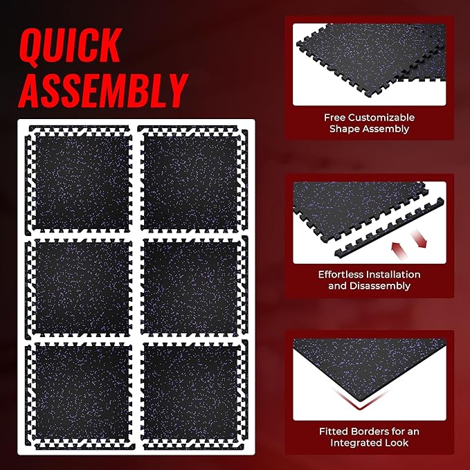 SUPERJARE 0.79'' Extra-Thick Exercise Equipment Mats, 6 Pcs 24 Sq Ft Rubber Top Floor Tiles with High Density EVA Foam, Interlocking Gym Flooring for Home Gym, Protective Workout Mat, Black/Purple