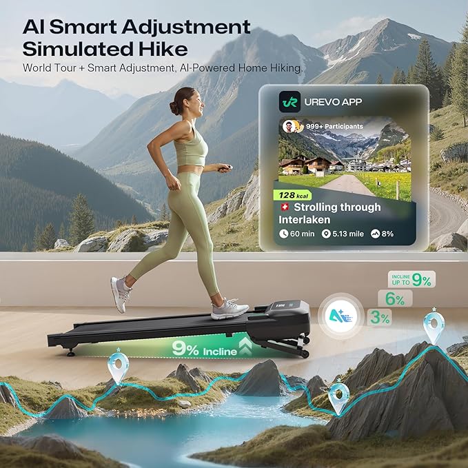 UREVO Auto Incline Walking Pad with AI App, Brushless Quiet Motorized Treadmill for Apartments, 9% Power Incline Standing Desk Treadmill, 12-Point Shock Absorption & Immersive Hiking