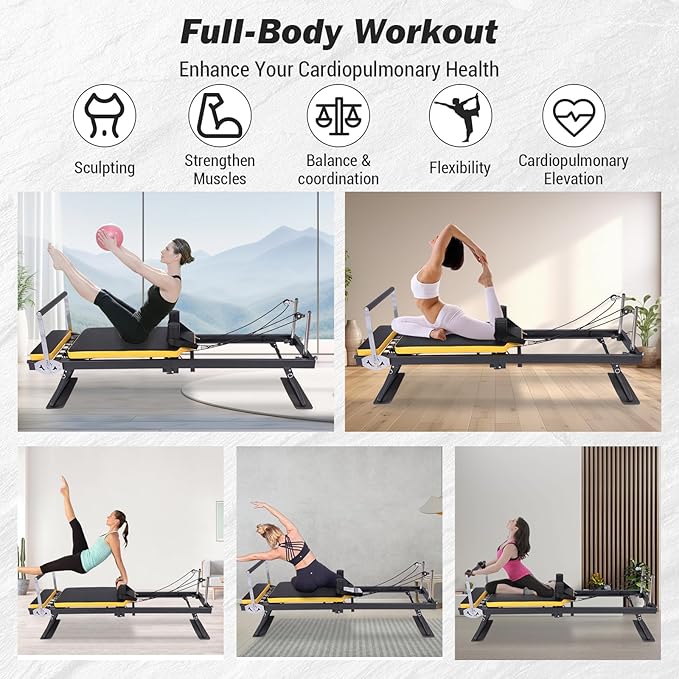 Foldable Pilates Reformer Machine for Home, 77.5'' Pink Pilates Equipment with 5x18 Lbs Resistance Bands,Professional Aeropilates Reformers for Beginners/Advanced