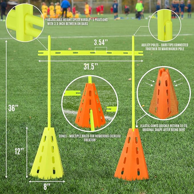 Yes4All Agility Hurdles Cone Set for Speed and Balance Exercises for All Ages, Suitable for Dog Training, Include Carry Bag - Set 8 Cones & 4 Green Bars