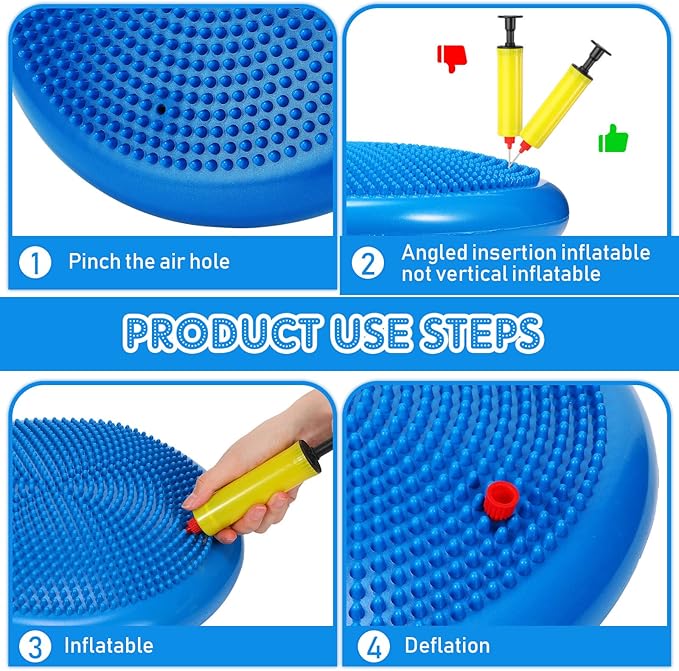 Sotiff 4 Pcs Inflated Wobble Cushion Wiggle Seat for Sensory Kids Flexible Seat for Classroom Wobble Disc with Inflation Pump Stability Balance Board for Adult Physical Therapy Exercise