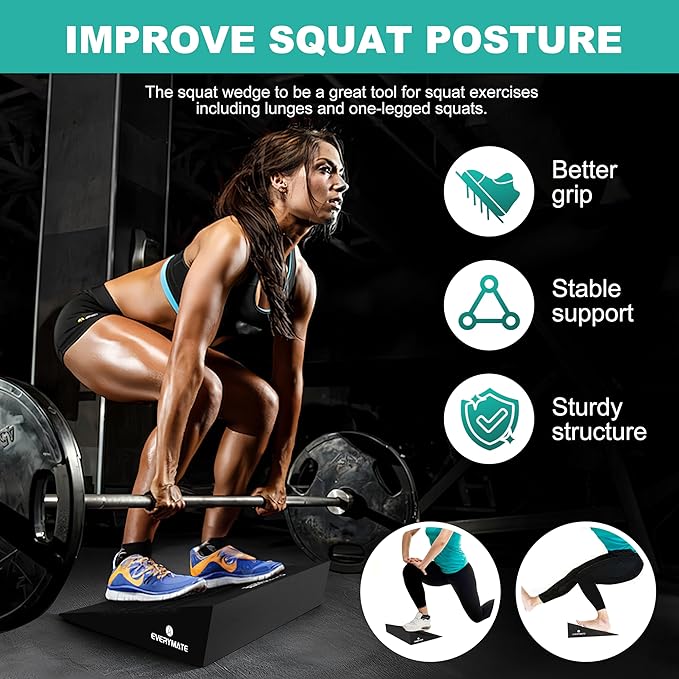 EVERYMATE Squat Wedge, Extra Large Squat Wedge Block, Squat Wedges Weightlifting, Calf Stretching, Slant Board for Squats, Heel Elevated Squat Wedge, Knees Over Toes Squats, Calf Wedge Stretching Block