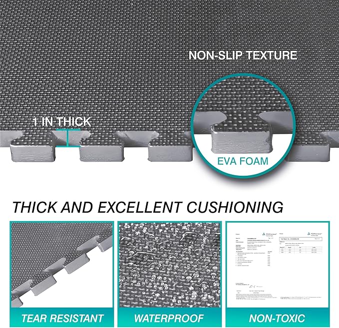Mat Block Interlocking Foam Tiles Puzzle Mats for Floor 24 SQ FT, 1 inch, 6 Tiles, EVA Gym Mat Flooring Exercise Equipment Mat for Home Gym Equipment,APM202GY, Grey