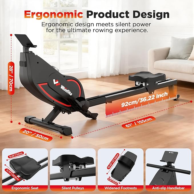 Rowing Machines for Home,Quiet Resistance Magnetic Rower Machine with 32 Levels,350lb Weight Capacity,Compact Dual Slide Rail,LED Monitor & Comfortable Seat,App Supported&Tablet Holder