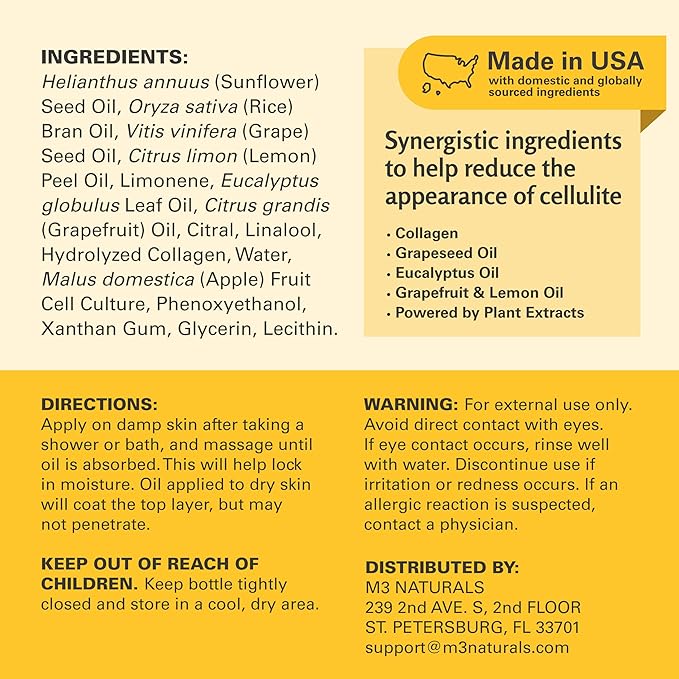 Firming Body Massage Oil with Collagen & Stem Cell – Helps Smooth the Appearance of Cellulite & Improve Skin Texture – Refreshing Aromatherapy Body Oil for Legs & Full Body – 8 Fl Oz by M3