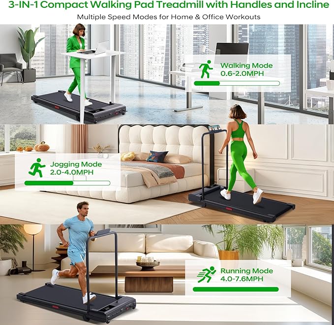 Walking Pad with Handle Bar and Incline, 3.0HP Portable Compact Walking Pads Treadmills with Handles for Home Small, 0.6-7.6MPH Electric Treadmills for Apartment/Home Small Spaces, 350LBS