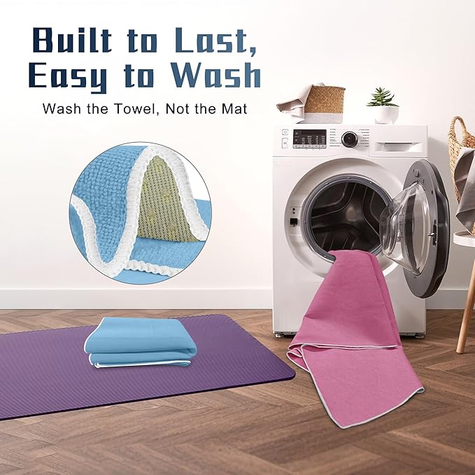 Hot Yoga Towel Non-Slip, 2 Pack Thick & Soft Yoga Mat Towel, Sweat Absorbent, with Grip Dot, 72" x 26", Yoga Towel for Hot Yoga, Pilates, Fitness and Gym Workouts, BluePink