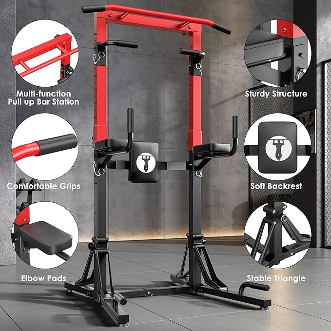 SogesHome Foldable Power Tower Pull Up Bar and Dip Stand, Height Adjustable Free Standing Strength Trainer Dip Station, Multifunctional Fitness Exercise Workout Pullup Station for Home Gym Equipment, Black Red