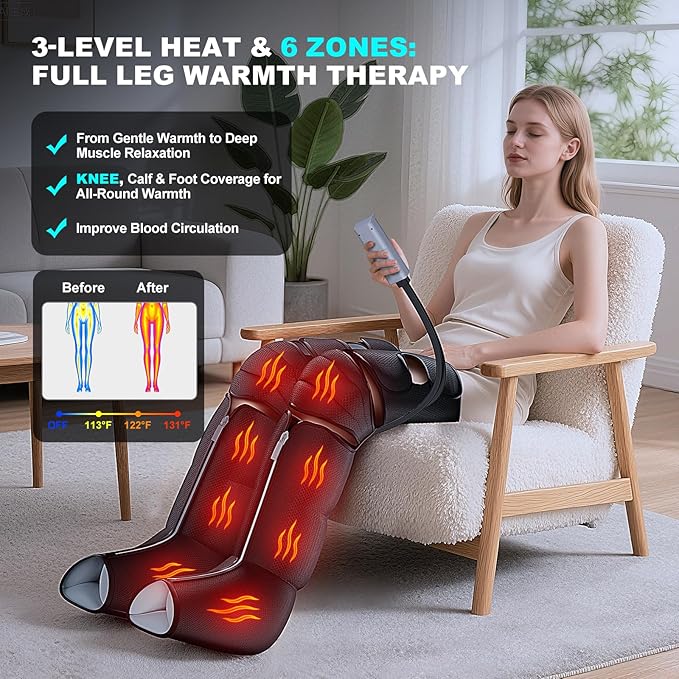 Leg Massager with Heat and Compression, Foot Massager for Circulation and Pain Relief, 3 Timers, 12 Intensity, 6 Modes,3 Heating with Knee Massager,Mother's Day Gifts for Man Woman,Black