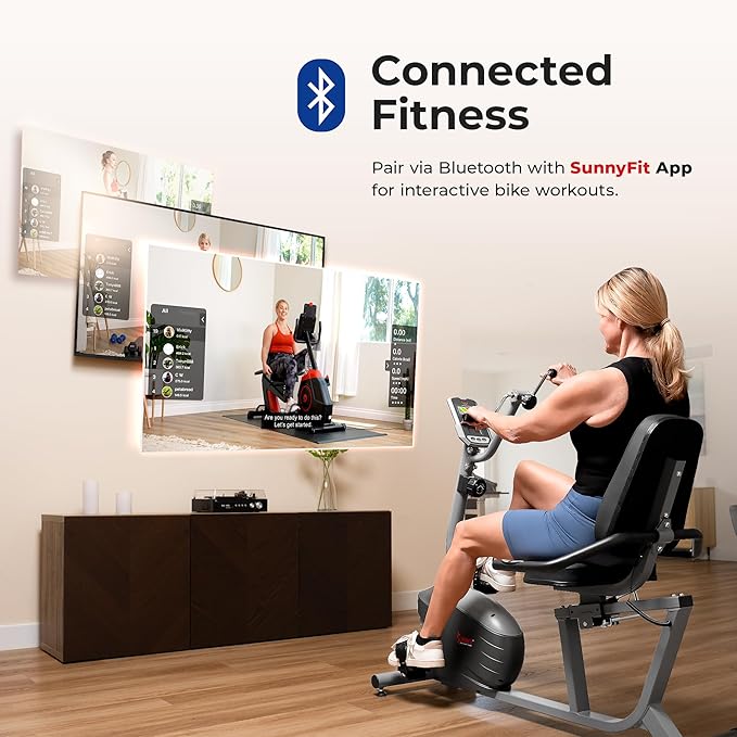 Sunny Health & Fitness Smart Magnetic Recumbent Bike, Home Cardio Trainer & Cycling Machine for Seniors, Free SunnyFit App Connection, Optional Hand Cycle, Resistance Bands, or Pulse Sensors