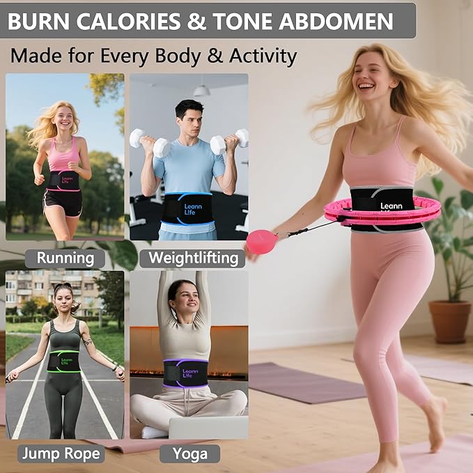U1 Weighted Hula Hoop 30 Knots 19"-61" for Adults with Waist Trimmer Belt & Durable Wash Bag Bundle– Fitness Hoop for Exercise, Workout, Slimming & Home Gym, Peach