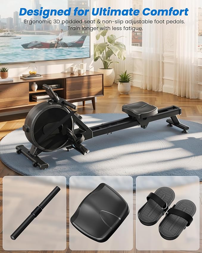 Magnetic Rower Machine, Whisper-Quiet Indoor Rowing Machine with 32-Level Tension, Space-Saving Foldable Design with Integrated Tablet Holder, Full Body Cardio Exercise Rower for Home Gym