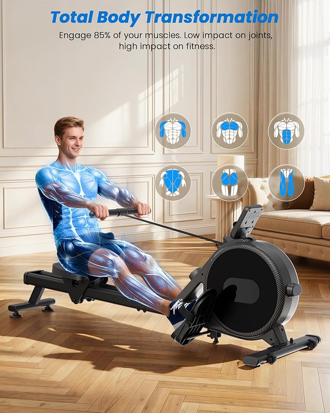 Magnetic Rower Machine, Whisper-Quiet Indoor Rowing Machine with 32-Level Tension, Space-Saving Foldable Design with Integrated Tablet Holder, Full Body Cardio Exercise Rower for Home Gym