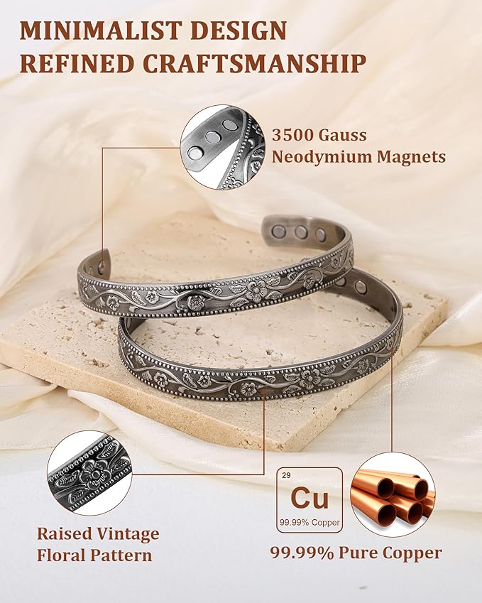 BioMag 2 Pcs Magnetic Copper Bracelets for Men, 99.99% Pure Copper Cuffs with 3500 Gauss Magnets, Adjustable Size, Intricate Floral Pattern, Antique Silver