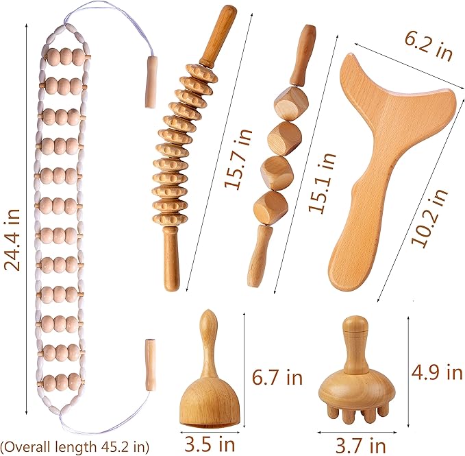 6 in 1 Wood Therapy Massage Tools, Maderoterapia kit, Wood Therapy Set, Lymphatic Drainage Massager, Wooden Gua Sha Tools, Wooden Massager Roller Rope for Body Shaping Anti Cellulite