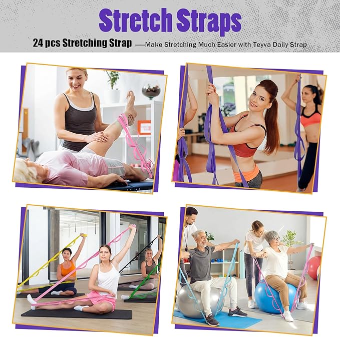 24 Pack Stretching Strap Yoga Strap with Loops Set 6 Colors, 75 Inch Adjustable Stretch Bands Bulk with Metal Buckle for Physical Therapy, Dance, Pilates & Workout Gymnastic Women Men Home