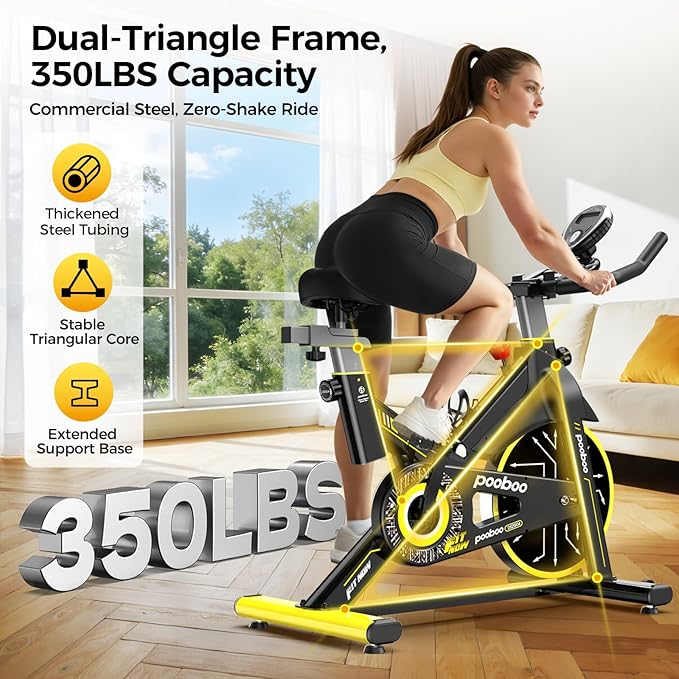 POOBOO Magnetic Exercise Bike, Quiet Stationary Bike with APP and 350lbs Weight Capacity, Indoor Cycling Bike with LCD Monitor and Tablet Holder, Heavy Duty Workout Bike for Home Gym Weight Loss