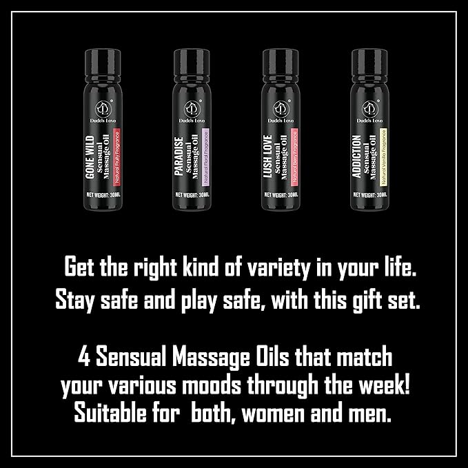 Dude's Love -Organic Safe to Lick Body Massage Oils for Couples – Sensual Massage Oil Gift Set | Romantic Date Night – Non Greasy No-Stain Quick Absorbing Smooth Glide Formula Trial Pack of 4-120 ML