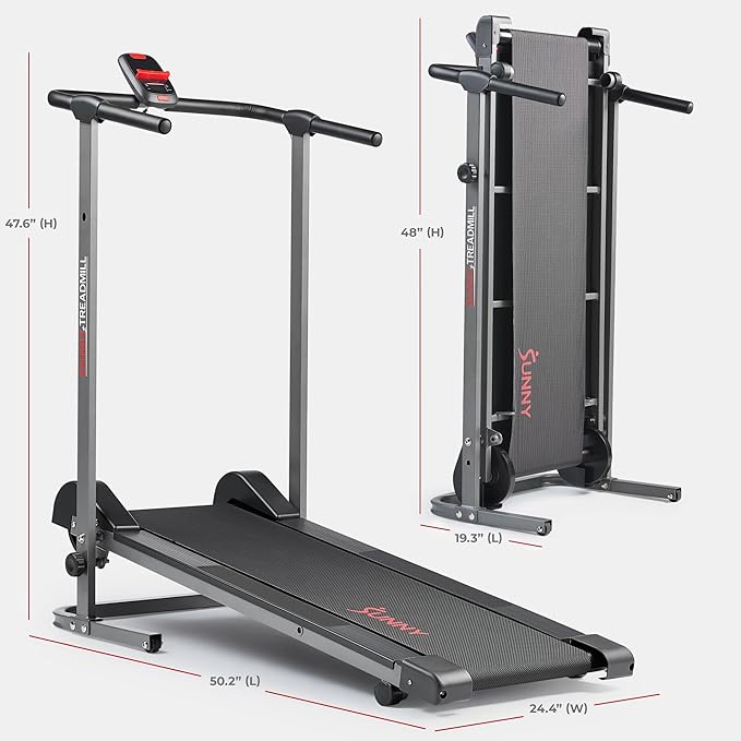 Sunny Health & Fitness Walking Pad Treadmill with Handle, Manual Compact Foldable Design Walking Running Non-Slip Surface Treadmill with Fixed Incline, LCD Monitor, Bluetooth Optional