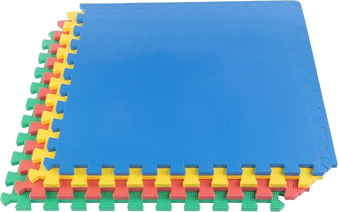 EVA Foam Mat Tiles 4-Pack - 16 SQ FT Interlocking Padding for Playroom or Gym Flooring - Workout Mat or Baby Playmat by Stalwart (Multicolor)