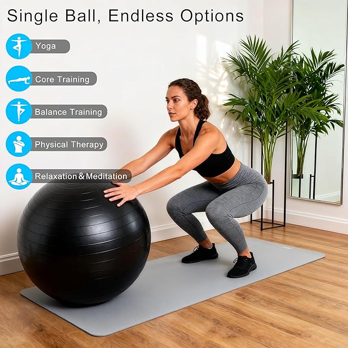 5 Pcs 26 Inch Anti-Burst Yoga Exercise Ball, Anti-Slip Heavy Duty Gym Ball for Fitness, Core, Balance, Prenatal Workout, Office Chair with Quick Pump