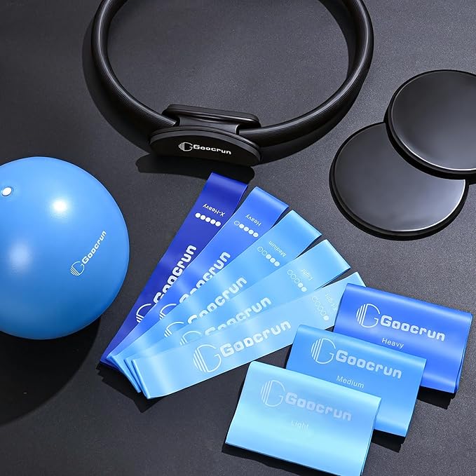 Pilates Ring Set Exercise Equipment, with Exercise Resistance Bands Set, Pilates Ball, Sliding Disks. Portable Home Gym - with Fitness Guide Poster