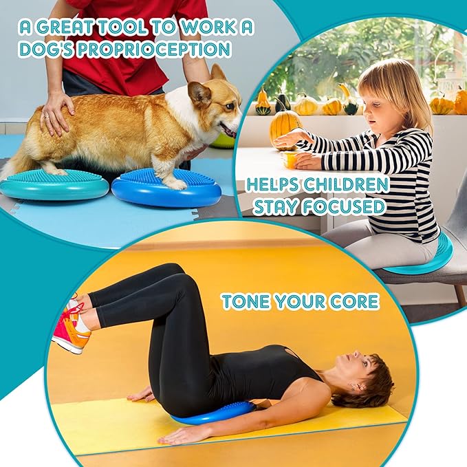 Sotiff 4 Pcs Inflated Wobble Cushion Wiggle Seat for Sensory Kids Flexible Seat for Classroom Wobble Disc with Inflation Pump Stability Balance Board for Adult Physical Therapy Exercise