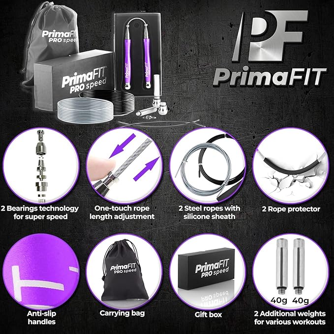 PrimaFIT Jump Rope Pro Speed Skipping Rope Adjustable Adult Jumping Rope Weighted Aluminium Handles for Double Dutch Boxing Workout Crossfit Exercise Fitness Spare Cable Weights Protectors Carry Bag