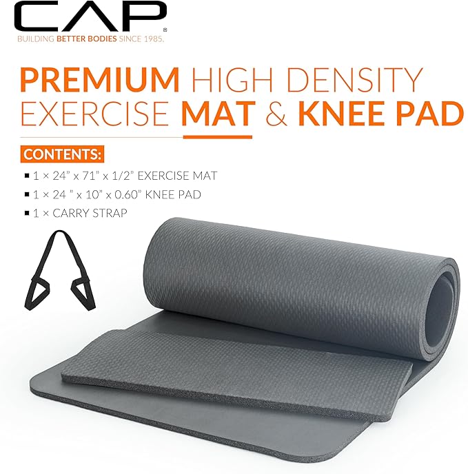 CAP Barbell 1/2-Inch High Density Exercise Yoga Mat with Strap | Multiple Options