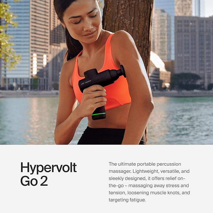 Hyperice Hypervolt Go 2 - Black - Featuring Quiet Glide Technology - Handheld Percussion Massage Gun - 3 Speeds, 2 Interchangeable Heads - Helps Relieve Sore Muscles and Stiffness