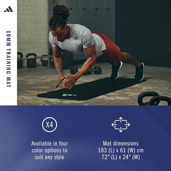 adidas 10mm Extra Thick Training Mat with Carrying Strap and Non-Slip Textured Base - Cushioned Workout Mat for Home Gym, Floor Workouts, and Intense Exercises - Portable and Durable