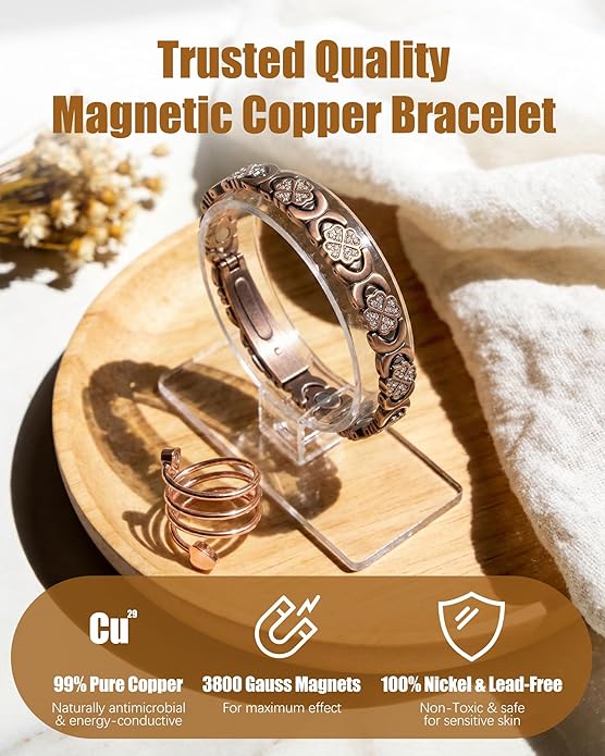 Copper Bracelet & Ring for Women, Ultra Strength Magnetic Bracelet with 3800 Gauss Magnets, Four-Leaf Clover & Infinity Heart Symbol & Crystal, Adjustable Tools and Jewelry Gift Box
