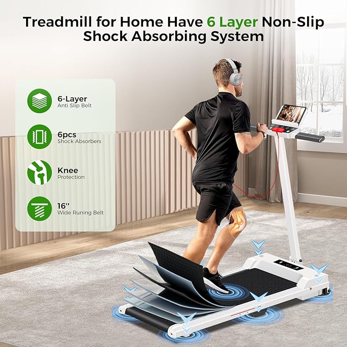 Treadmill for Home Small, 3.0HP Treadmill with Handle,Walking Pad Treadmill, Jogging Running Machine,Folding Treadmill 300 Lbs Capacity,6 Layers Shock-Absorbing