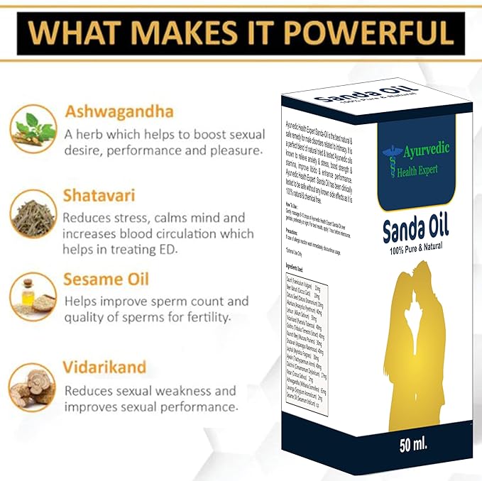 Sanda Oil 50ml | 100% Pure & Natural Ayurvedic Massage Oil for Men | Improves Strength, Stamina & Vitality | Herbal Formulation for External Use Oils 50 Ml Pack of 1 1.6oz