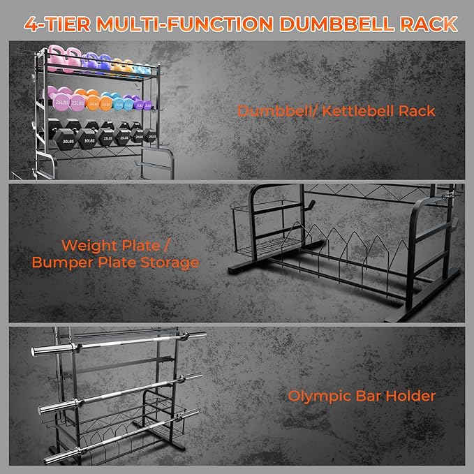 XL Adjustable Weight Rack for Dumbbells - Barbell Holder Bumper Plate Storage Rack with 3 Olympic Bar Racks, Dumbbell Rack Weight Stand,Home Gym Storage Rack for kettlebells,Yoga Mat
