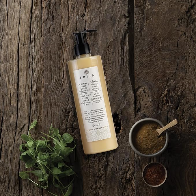 Prija Relaxing Massage Lotion formulated with Cypress Essential Oil (12.84 fl oz) - Relaxing and Moisturizing - Vegan Friendly - Dermatologically Tested - Made with 100% Recycled Bottle