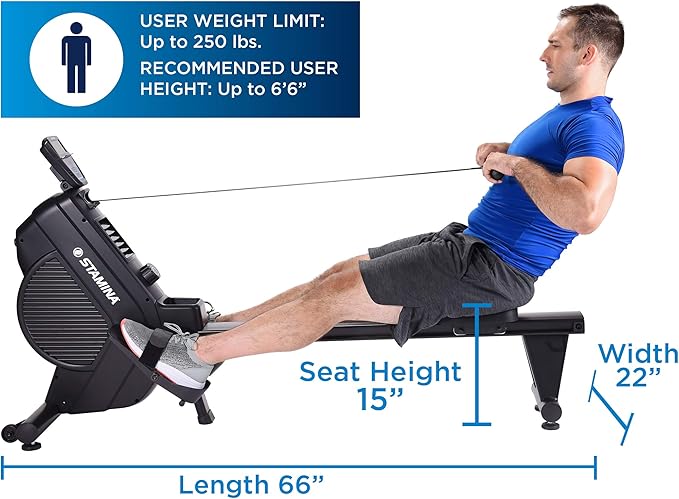Stamina Dual Air and Magnetic Resistance Rowing Machine w/Fitness Coaching App - 8 Levels Magnetic & Air Resistance, LCD Monitor - Compact Rowing Machines for Home Use